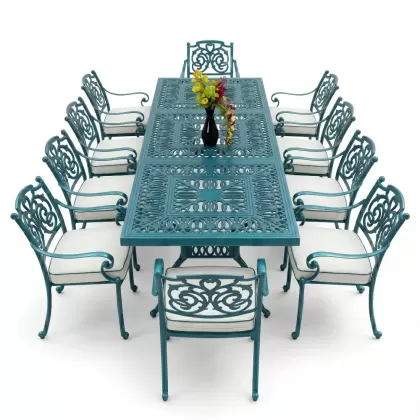8 kişilik kelebek model alüminyum döküm masa sandalye seti turkuaz
