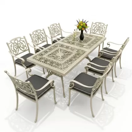8 kişilik kelebek model alüminyum döküm masa sandalye seti yeşil patina
