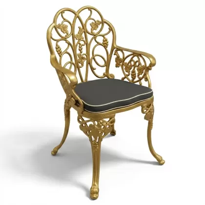 Sarmaşık desenli kollu ferforje alüminyum döküm sandalye gold altın