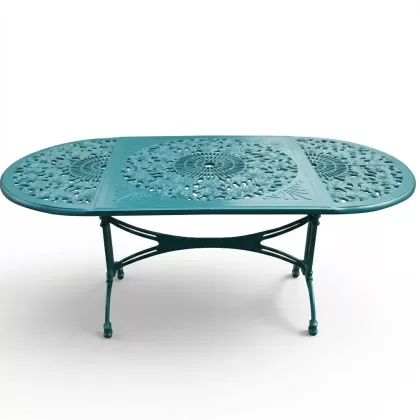 100x200 oval alüminyum döküm dış mekan bahçe için ferforje masa modeli renk turkuaz