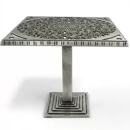80x80 cm Kare tek ayak alüminyum döküm gül motifli ferforje masa renk silver gümüş