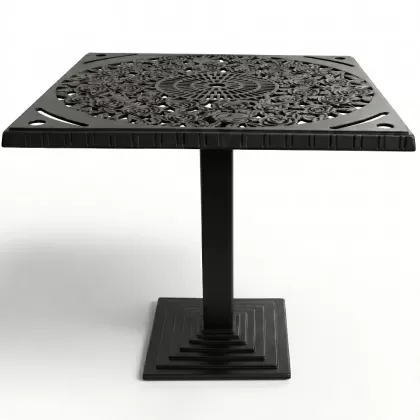 80x80 cm Kare tek ayak alüminyum döküm gül motifli ferforje masa renk siyah