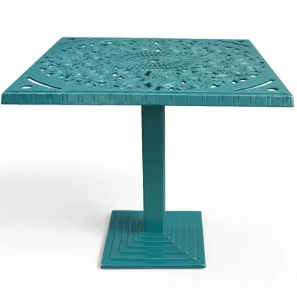 80x80 cm Kare tek ayak alüminyum döküm gül motifli ferforje masa renk turkuaz