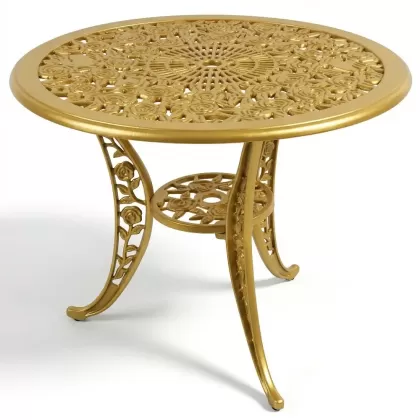 90 cm Çap 3 Ayaklı gül motifli alüminyum döküm ferforje masa renk gold altın