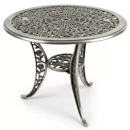 90 cm Çap 3 Ayaklı gül motifli alüminyum döküm ferforje masa renk gümüş silver