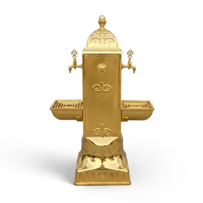 2 pirinç musluklu ayaklı alüminyum döküm çeşme dekoratif bahçe çeşmesi gold altın