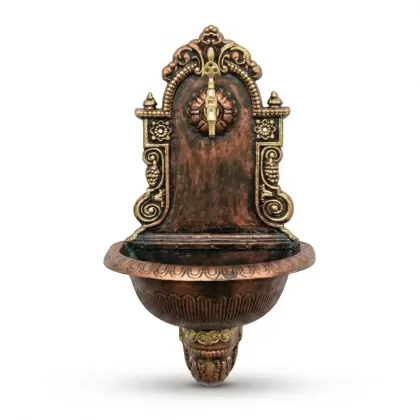 Pirinç musluklu alüminyum döküm çeşme, dekoratif bahçe çeşmesi, duvar tipi bahçe lavabosu modeli bakır patina