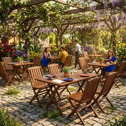 4 kişilik 80x140 cm dış mekan cafe restoran bahçe masa sandalye takımı, yemek masası seti bahçe ortamı