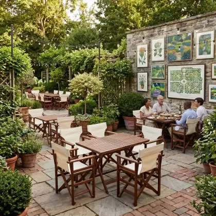 4 kişilik 80x120x72 dış mekan cafe restoran için bahçe masa kumaşlı katlanır rejisör sandalye takımı, yemek masası seti balkon