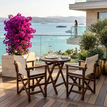 2 kişilik yuvarlak dış mekan cafe restoran için bahçe masa kumaşlı katlanır rejisör sandalye takımı, yemek masası seti balkon tipi