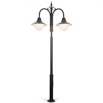 300x60 cm - E27 DUY Şapkalı cam küre motifli aşağı yöne bakan iki (2) fenerli alüminyum döküm klasik dekoratif park bahçe aydınlatma direği siyah