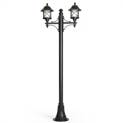 280x90 cm - E27 DUY Fransız motifli yukarı yöne bakan iki (2) fenerli alüminyum döküm dekoratif bakır şapkalı bahçe aydınlatma direği siyah
