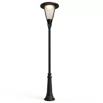390x75 cm - Yayılan güneş motifli aşağı yöne bakan Tek (1) led fenerli alüminyum döküm modern dekoratif bahçe aydınlatma direği siyah