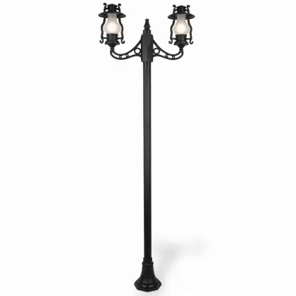 280x90 cm - E27 DUY Şamdan motifli yukarı yöne bakan iki (2) fenerli alüminyum döküm Fransız tip dekoratif bahçe aydınlatma direği siyah