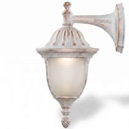 47x28 cm - DUY E27 Kısa kollu aşağı yöne bakan dekoratif alüminyum döküm duvar tipi aplik bakır eskitme dış mekan aydınlatma duvar apliği beyaz patina