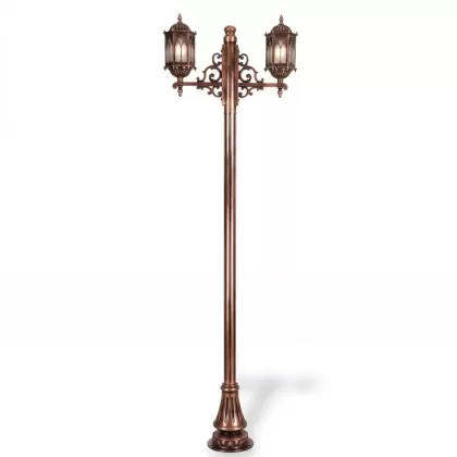 280x90 cm - E27 DUY Ferforje Osmanlı motifli yukarı yöne bakan iki (2) fenerli alüminyum döküm dekoratif bahçe aydınlatma direği siyah bakır eskitme