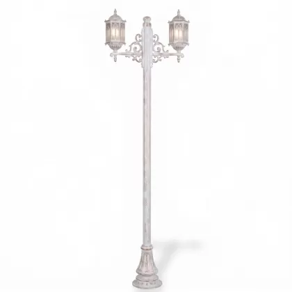 280x90 cm - E27 DUY Ferforje Osmanlı motifli yukarı yöne bakan iki (2) fenerli alüminyum döküm dekoratif bahçe aydınlatma direği siyah beyaz patina