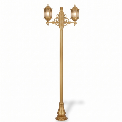 280x90 cm - E27 DUY Ferforje Osmanlı motifli yukarı yöne bakan iki (2) fenerli alüminyum döküm dekoratif bahçe aydınlatma direği siyah altın gold
