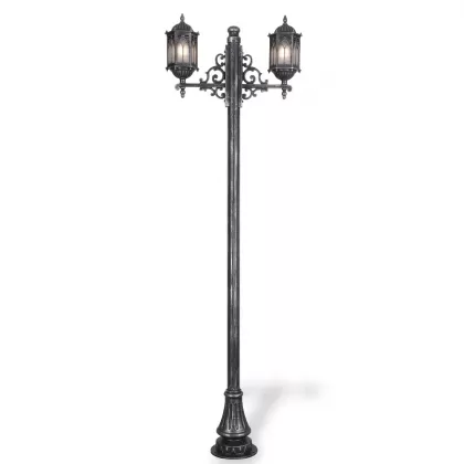 280x90 cm - E27 DUY Ferforje Osmanlı motifli yukarı yöne bakan iki (2) fenerli alüminyum döküm dekoratif bahçe aydınlatma direği siyah silver