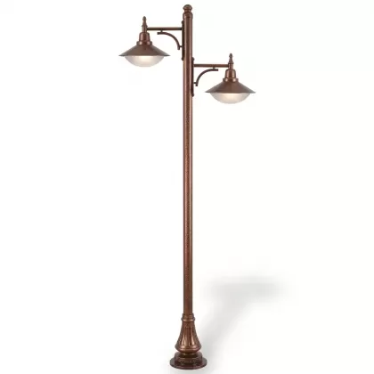260x120 cm - E27 DUY Yuvarlak kapaklı motifli aşağı yöne bakan iki (2) fenerli alüminyum döküm nostaljik dekoratif bahçe aydınlatma direği bakır