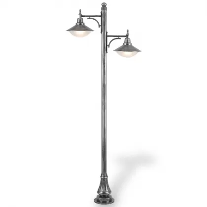 260x120 cm - E27 DUY Yuvarlak kapaklı motifli aşağı yöne bakan iki (2) fenerli alüminyum döküm nostaljik dekoratif bahçe aydınlatma direği silver gümüş