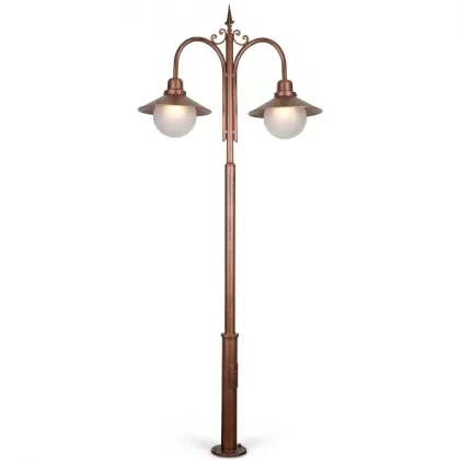 300x60 cm - E27 DUY Şapkalı cam küre motifli aşağı yöne bakan iki (2) fenerli alüminyum döküm klasik dekoratif park bahçe aydınlatma direği gümüş