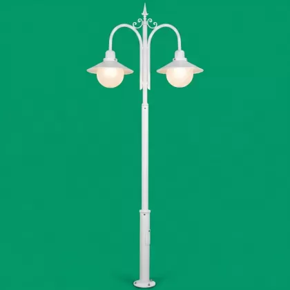 300x60 cm - E27 DUY Şapkalı cam küre motifli aşağı yöne bakan iki (2) fenerli alüminyum döküm klasik dekoratif park bahçe aydınlatma direği beyaz
