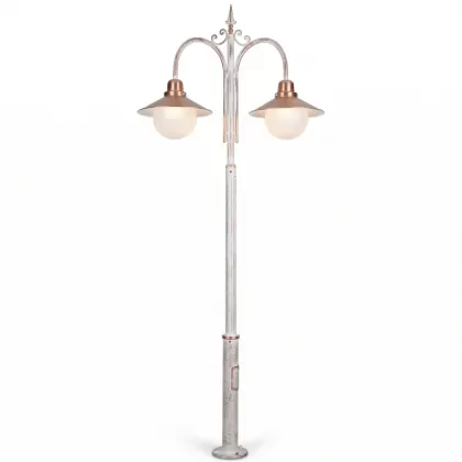 300x60 cm - E27 DUY Şapkalı cam küre motifli aşağı yöne bakan iki (2) fenerli alüminyum döküm klasik dekoratif park bahçe aydınlatma direği beyaz patina