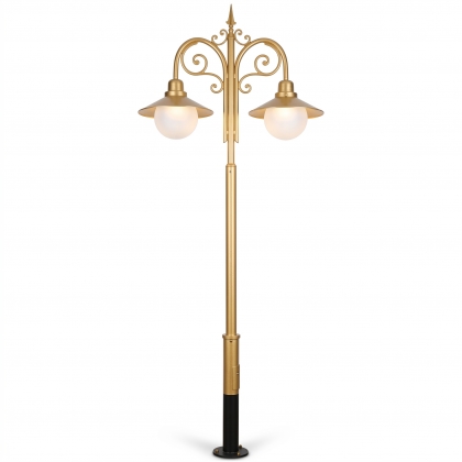 300x60 cm - E27 DUY Şapkalı cam küre motifli aşağı yöne bakan iki (2) fenerli alüminyum döküm klasik dekoratif park bahçe aydınlatma direği gold altın