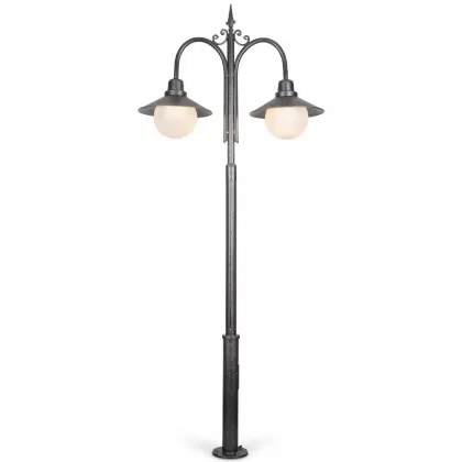300x60 cm - E27 DUY Şapkalı cam küre motifli aşağı yöne bakan iki (2) fenerli alüminyum döküm klasik dekoratif park bahçe aydınlatma direği gümüş silver