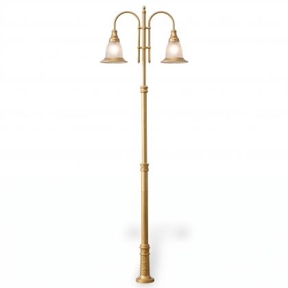 400x120 cm - E27 DUY Sarkan Zambak motifli aşağı yöne bakan iki (2) fenerli alüminyum döküm dekoratif Fransız tipi bahçe aydınlatma direği gold altın