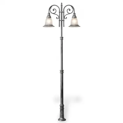 400x120 cm - E27 DUY Sarkan Zambak motifli aşağı yöne bakan iki (2) fenerli alüminyum döküm dekoratif Fransız tipi bahçe aydınlatma direği gümüş silver
