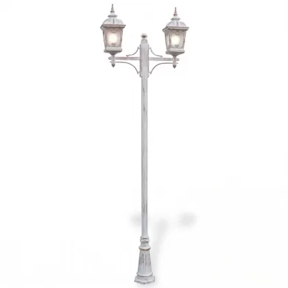 290x84 cm - E27 DUY Fransız tipi yukarı yöne bakan iki (2) fenerli alüminyum döküm dekoratif bahçe aydınlatma direği beyaz patina