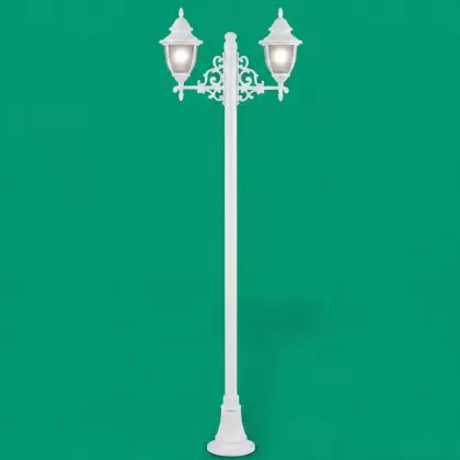 260x90 cm - E27 DUY Ferforje kollu bakır şapkalı motifli yukarı yöne bakan iki (2) fenerli alüminyum döküm dekoratif bahçe aydınlatma direği beyaz