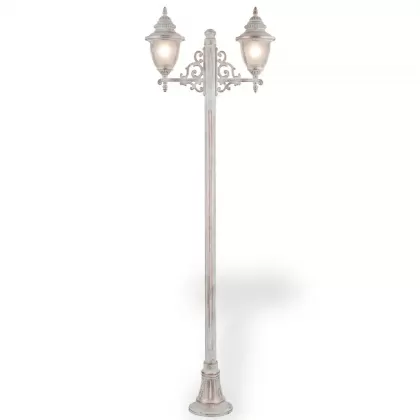 260x90 cm - E27 DUY Ferforje kollu bakır şapkalı motifli yukarı yöne bakan iki (2) fenerli alüminyum döküm dekoratif bahçe aydınlatma direği beyaz patina