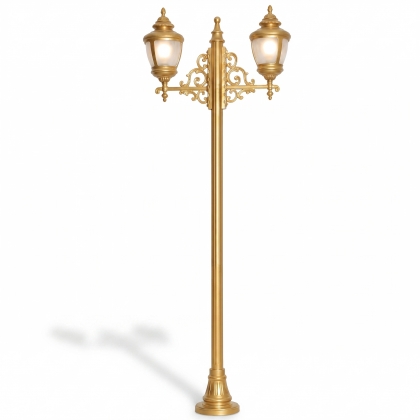 300x100 cm - E27 DUY Ferforje motifli yukarı yöne bakaniki (2) fenerli alüminyum döküm bakır şapkalı dekoratif bahçe aydınlatma direği gold altın