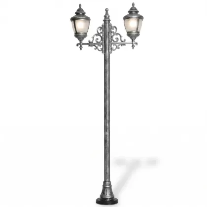 300x100 cm - E27 DUY Ferforje motifli yukarı yöne bakaniki (2) fenerli alüminyum döküm bakır şapkalı dekoratif bahçe aydınlatma direği gümüş