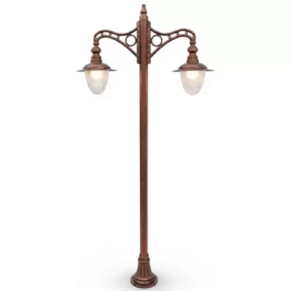 285x134 cm - E27 DUY Daire motifli aşağı yöne bakan iki (2) armut fenerli alüminyum döküm dekoratif bahçe aydınlatma direği bakır