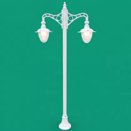 285x134 cm - E27 DUY Daire motifli aşağı yöne bakan iki (2) armut fenerli alüminyum döküm dekoratif bahçe aydınlatma direği beyaz