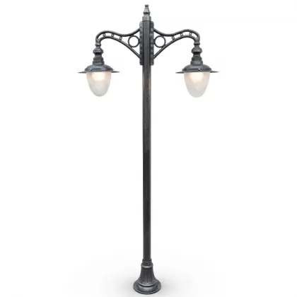285x134 cm - E27 DUY Daire motifli aşağı yöne bakan iki (2) armut fenerli alüminyum döküm dekoratif bahçe aydınlatma direği gümüş