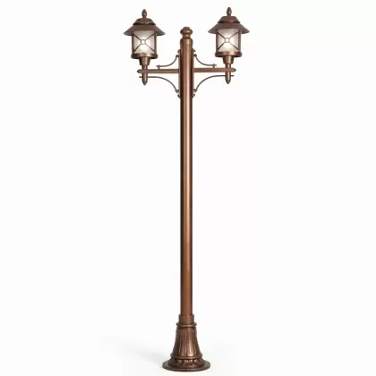 280x90 cm - E27 DUY Fransız motifli yukarı yöne bakan iki (2) fenerli alüminyum döküm dekoratif bakır şapkalı bahçe aydınlatma direği bakır