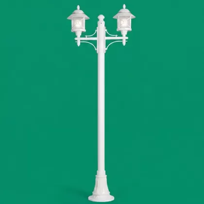 280x90 cm - E27 DUY Fransız motifli yukarı yöne bakan iki (2) fenerli alüminyum döküm dekoratif bakır şapkalı bahçe aydınlatma direği beyaz