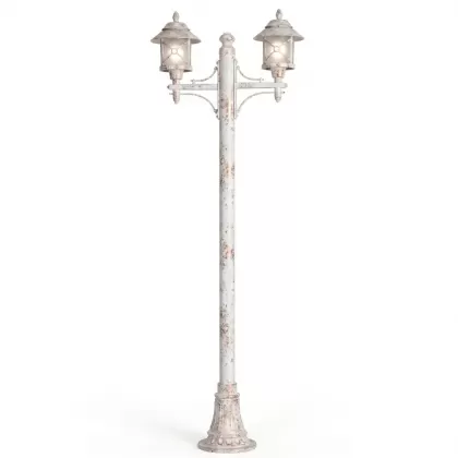 280x90 cm - E27 DUY Fransız motifli yukarı yöne bakan iki (2) fenerli alüminyum döküm dekoratif bakır şapkalı bahçe aydınlatma direği patinalı