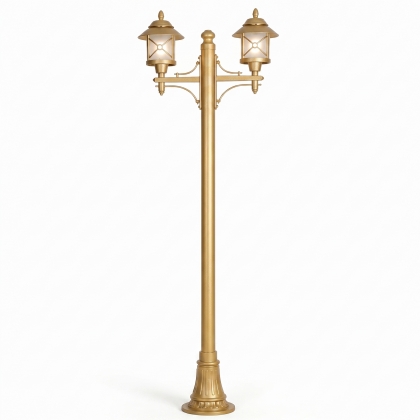 280x90 cm - E27 DUY Fransız motifli yukarı yöne bakan iki (2) fenerli alüminyum döküm dekoratif bakır şapkalı bahçe aydınlatma direği gold