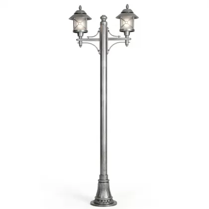 280x90 cm - E27 DUY Fransız motifli yukarı yöne bakan iki (2) fenerli alüminyum döküm dekoratif bakır şapkalı bahçe aydınlatma direği gümüş