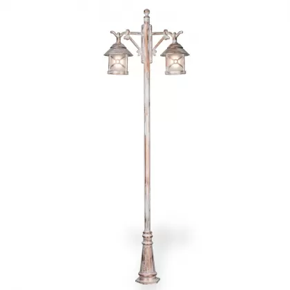 300x80 cm - E27 DUY Fransız ferforje motifli yukarı yöne bakan iki (2) sarkıt fenerli alüminyum döküm dekoratif bahçe aydınlatma direği patinalı