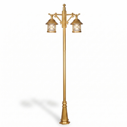 300x80 cm - E27 DUY Fransız ferforje motifli yukarı yöne bakan iki (2) sarkıt fenerli alüminyum döküm dekoratif bahçe aydınlatma direği gold