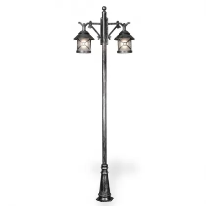 300x80 cm - E27 DUY Fransız ferforje motifli yukarı yöne bakan iki (2) sarkıt fenerli alüminyum döküm dekoratif bahçe aydınlatma direği gümüş
