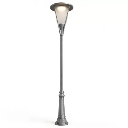 390x75 cm - Yayılan güneş motifli aşağı yöne bakan Tek (1) led fenerli alüminyum döküm modern dekoratif bahçe aydınlatma direği sgümüş