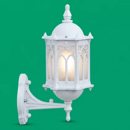 41x25  cm - E27 DUY Dik kollu yukarı yöne bakan dekoratif alüminyum döküm duvar tipi aplik Osmanlı motifli dış mekan aydınlatma duvar apliği beyaz